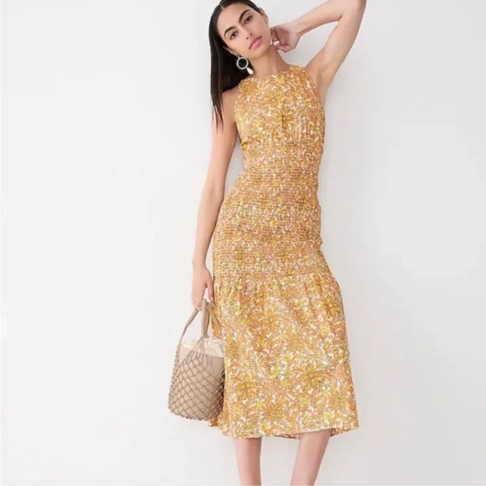 J Crew Collection Smocked Cross Back Dress in Medallion Floral Midi